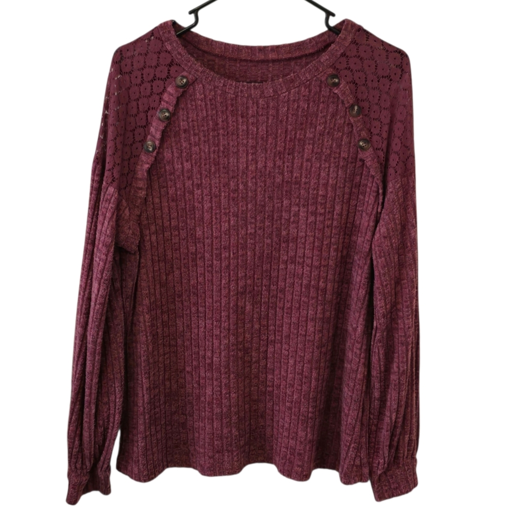 Burgundy Large Long Sleeve Lace Sweater Top with Button Detail